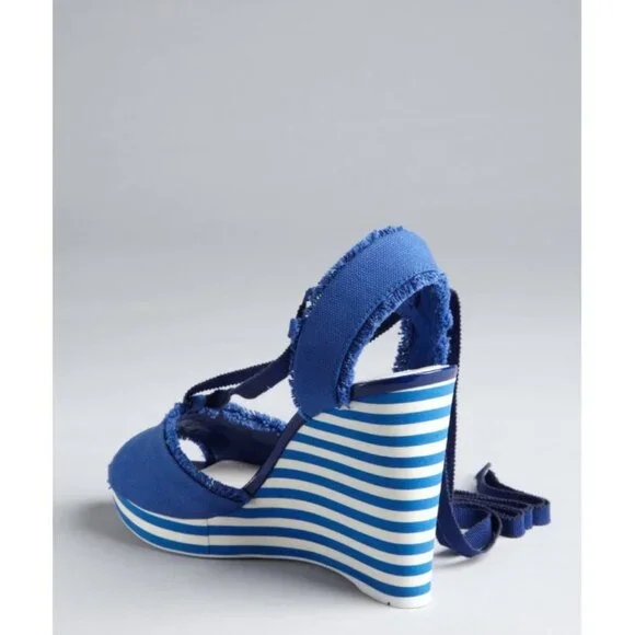 PRADA SPORT SHOES STRIPED WEDGE BLUE CANVAS ANKLE WRAP SANDALS sz 40 / 10 - Picture 3 of 13